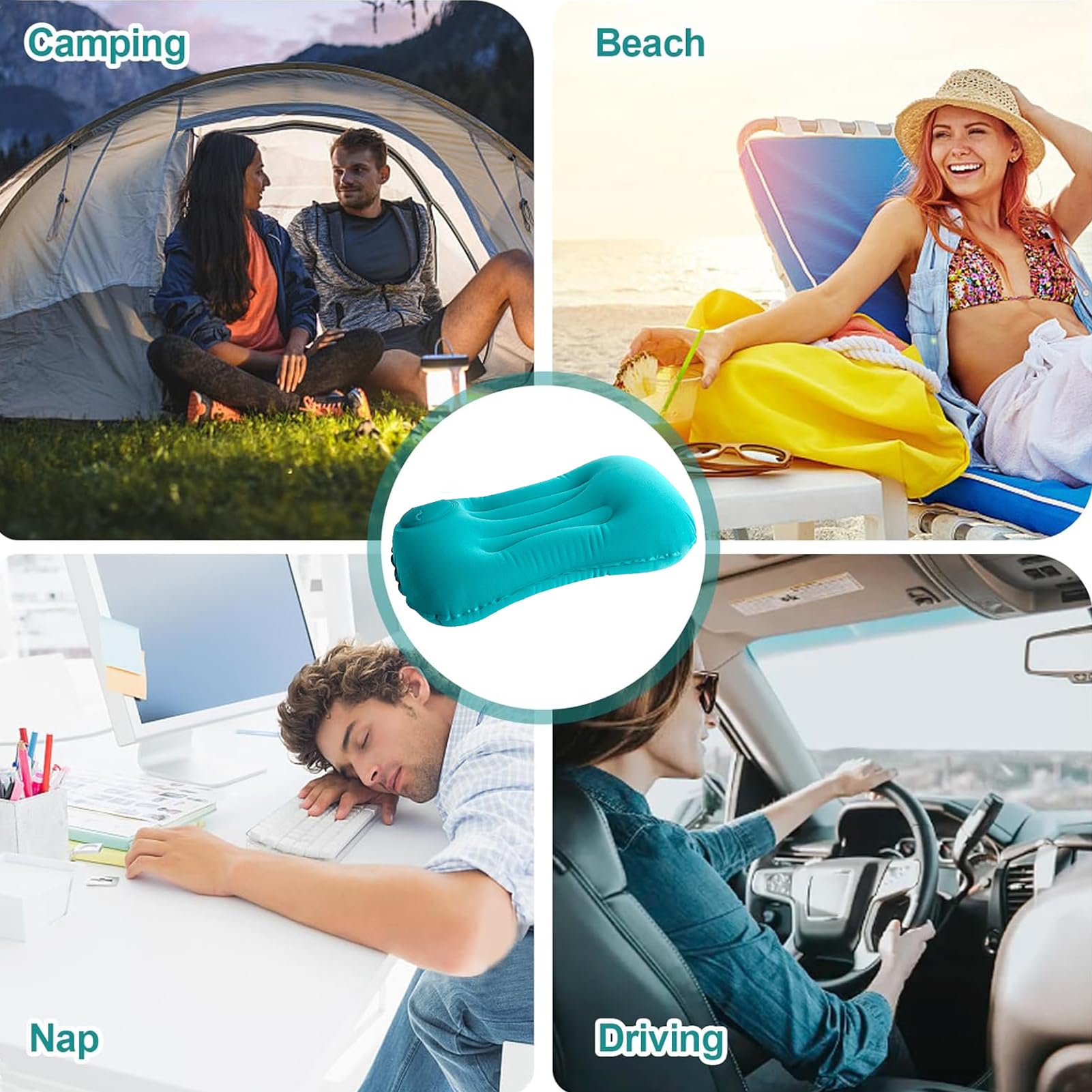 Lot de 2 coussins gonflables de voyage gonflables à la main - Oreiller gonflable pour le cou - Oreiller gonflable pour le camping - Oreiller gonflable de camping - Oreiller de taille gonflable pour le