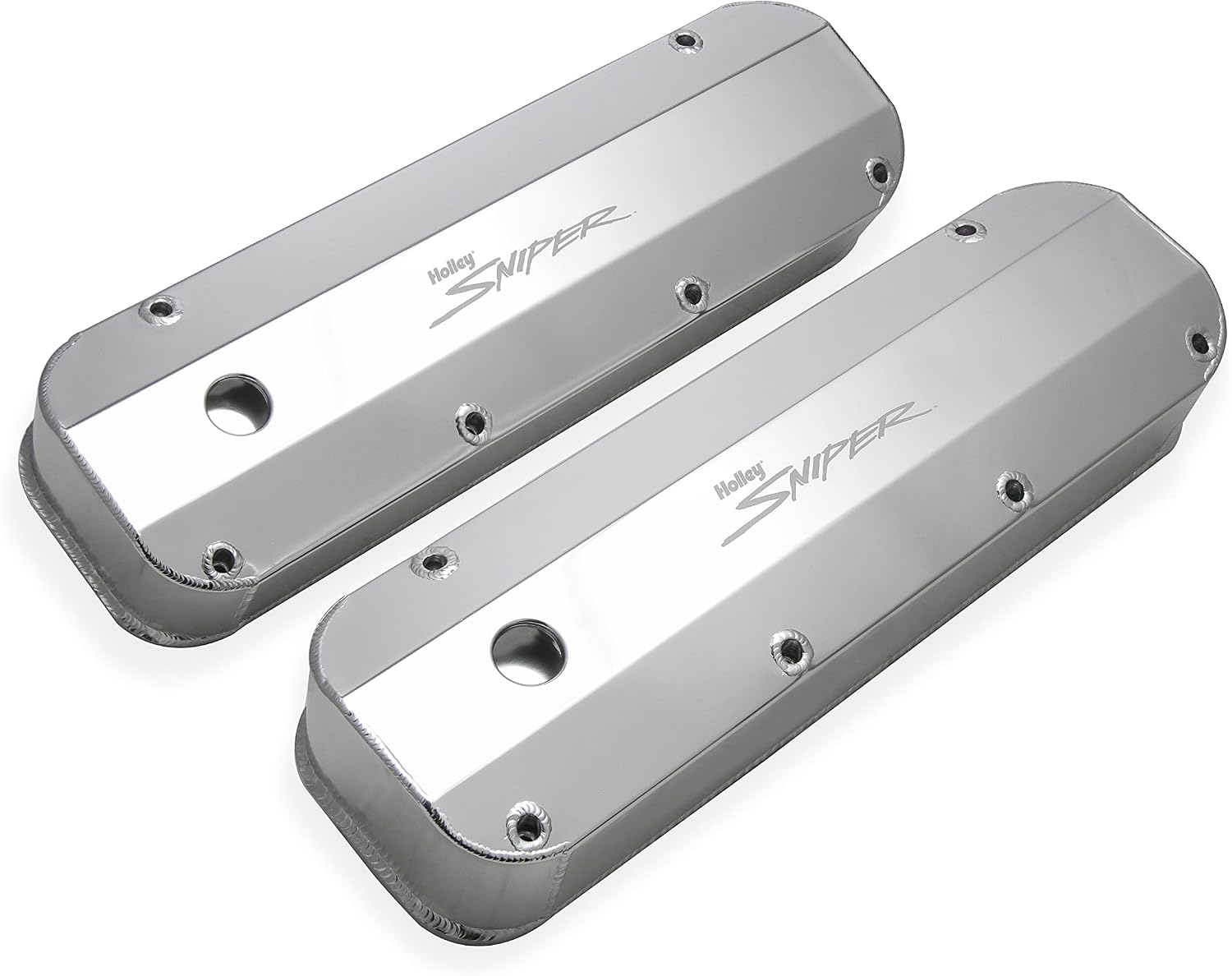 Holley Valve Cover, Sniper, Tall, Baffled, Breather Holes, Sniper Logo, Fabricated Aluminum, Silver, Pair