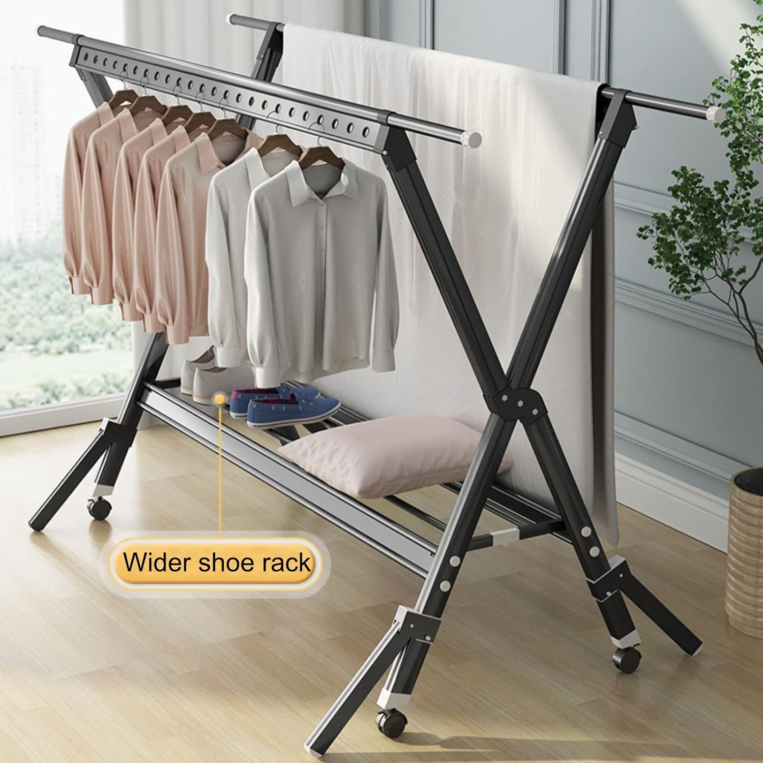 Clothes Horse Clothes Airer Foldable Portable Space Saving Clothes Drying Rack,Extendable Clothing Dryer Rack,360 Degree Universal Wheels,Aluminium Drying Rack,for Clothe,Noir 130230cm