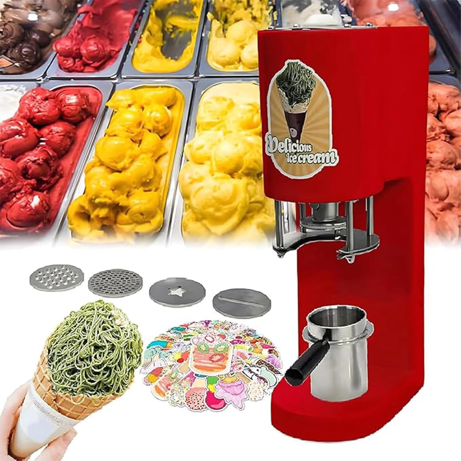 30L/H Ice Cream Spaghetti Press Machine, Noodles Ice Cream Machine, Italian Ge-lato Ice Cream Spaghetti Making Machine, Spaghetti Ice Cream Maker, 4 Shape Molds Red