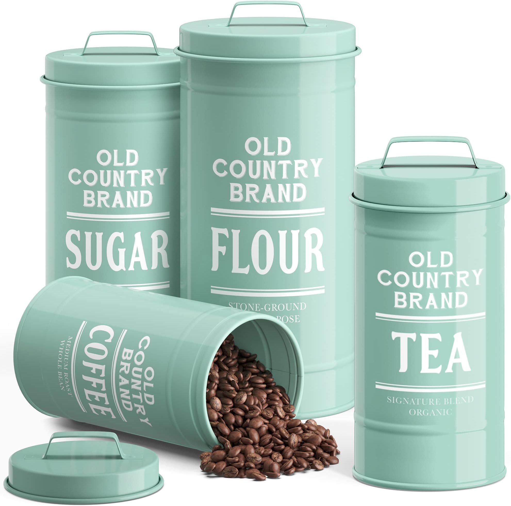 Barnyard Designs Canister Sets for Kitchen Counter, Farmhouse Canisters Sets for the Kitchen Countertop, Metal Canister with Lid, Coffee Tea Sugar Flour Container Set for Counter (Mint)