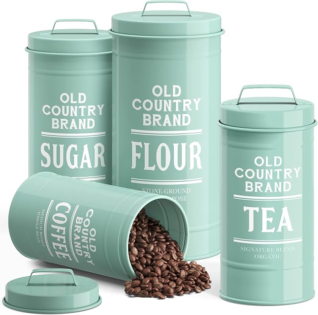 Barnyard Designs Decorative Nesting Kitchen Canister Jars with Lids, Mint Metal Rustic Vintage Farmhouse Container Decor, Set of 4, Largest is 14 x 28.5cm
