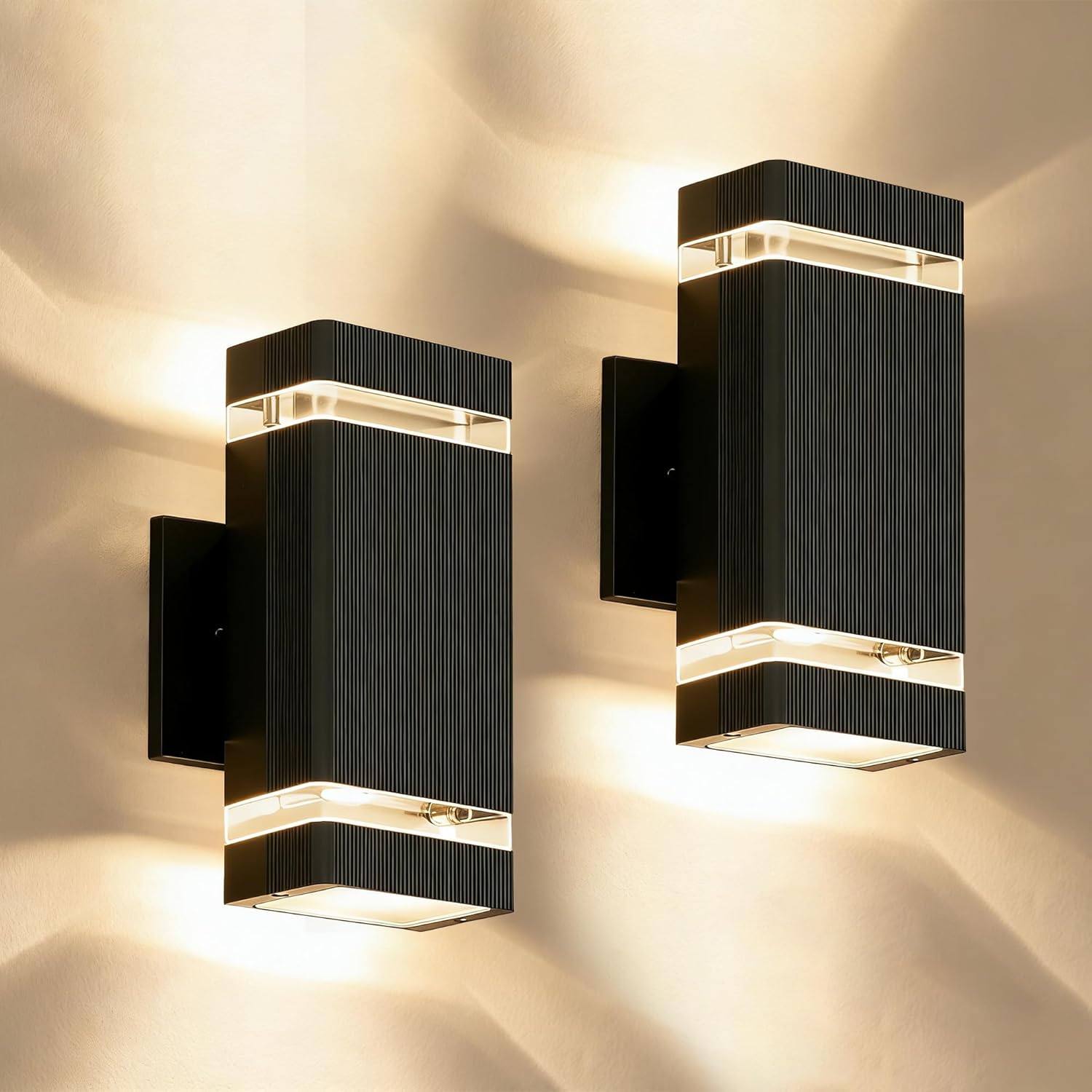 Square Dusk to Dawn Outdoor Lighting 2 Pack, Up and Down LED Porch Lights, Aluminum Outdoor Wall Lights with 7W Bulbs 3000K Waterproof Exterior Lighting Fixtures for House Porch Garage Patio Black