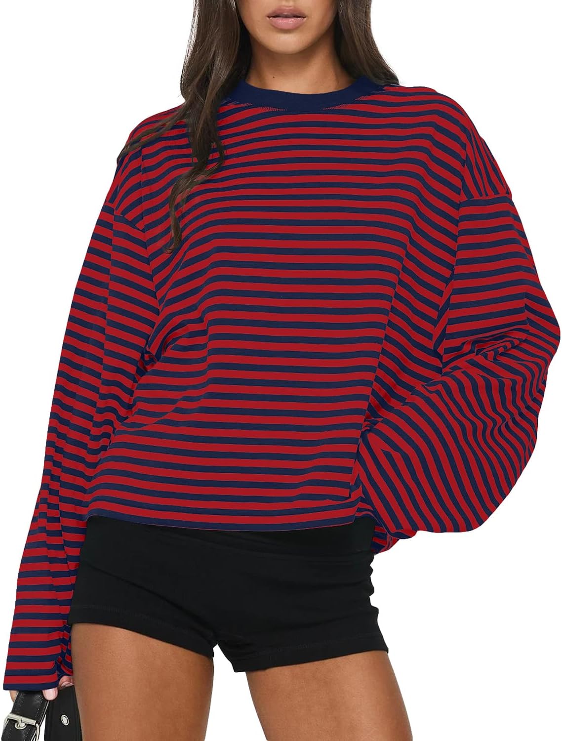 Cioatin Women Oversized Long Sleeve Striped Tee Shirt Tops Y2K Aesthetic Preppy Crewneck Sweatshirt Pullover Fall Outfits