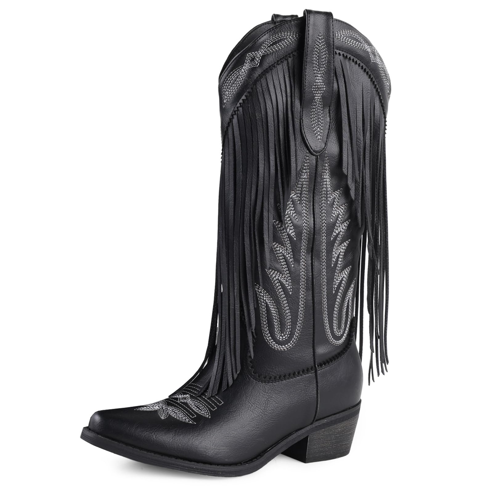 FancyQueen Cowboy Boots for Women Mid Calf Embroidered Cowgirl Boots Western Chunky Heel Pointed Toe country boots for