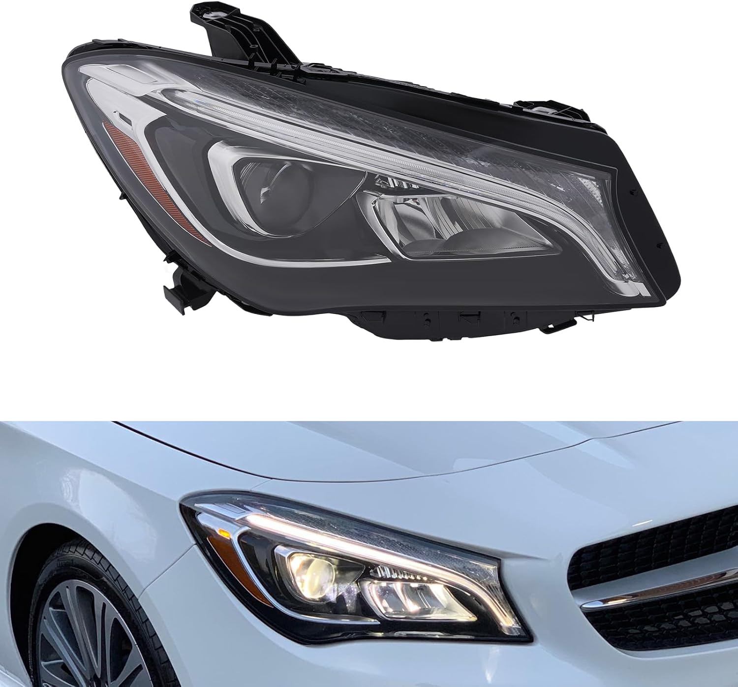 Front Headlight Assembly for 2017 2018 2019Mercedes-Benz CLA250 4Matic/AMG CLA 45 NON-Base/Sport Models, Right Passenger Side Replacement LED Headlamp Chrome Housing w/O Drive