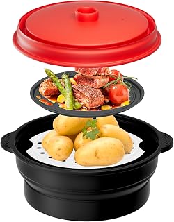 Microwave Steamer for Vegetables | Microwave Grill Pan & Steamer Bowl | Microwave Silicone Cookware | Microwave Popcorn Popper | Dishwasher Safe