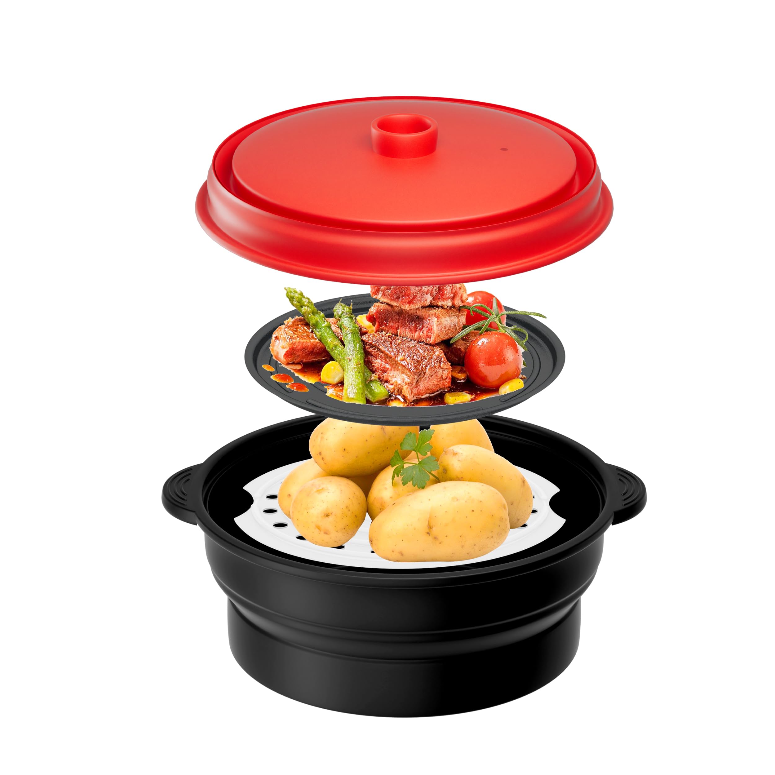 Microwave Steamer for Vegetables | Microwave Grill Pan & Steamer Bowl | Microwave Silicone Cookware | Microwave Popcorn Popper | Dishwasher Safe