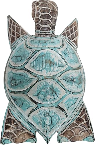 Miniatura 2 de WorldBazzar Hermosa tortuga costera enorme tallada a mano en madera maciza océano playa pescado coral estatua verde azulado