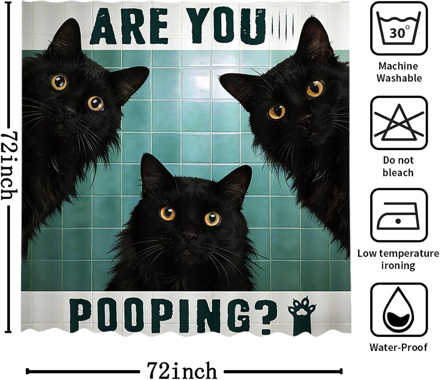 MEHOFOND Cute CatsShower Curtain Funny Black Kiitten Bath Curtain