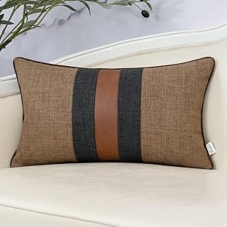 Yangest Brown Patchwork Pillow Cover 12x20 Inch - Luxury Cotton Linen Faux Leather Throw Pillowcase for Couch Sofa Bedroom