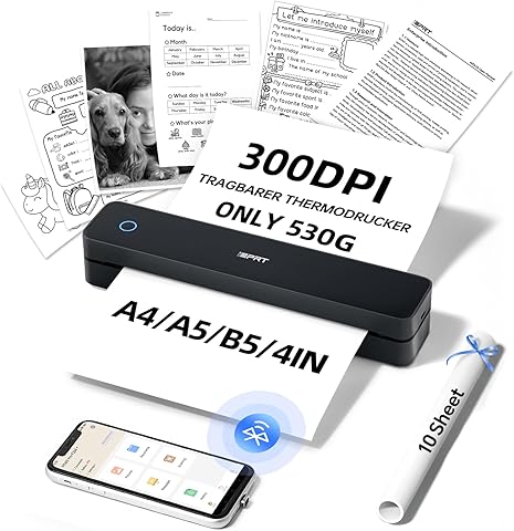 iDPRT MT610pro A4 Impresoras Térmicas Portátiles, Impresora Portátil Bluetooth de 300 dpi para Vehículos, Oficina y Hogar, Compatible con Teléfonos y Portátiles Android/iOS, Color Negro