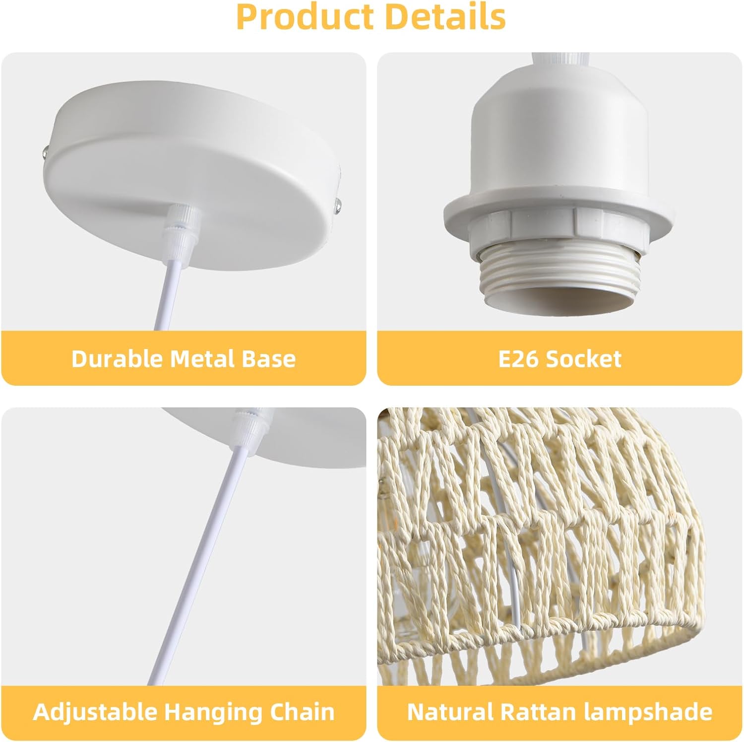 Rattan Pendant Light, Boho Dome Dining Room Chandelier, White Woven Kitchen Pendant Lighting over Island, Coastal Wicker Light Pendant Hanging Light Fixture for Nursery Entryway Bedroom, E26 Base