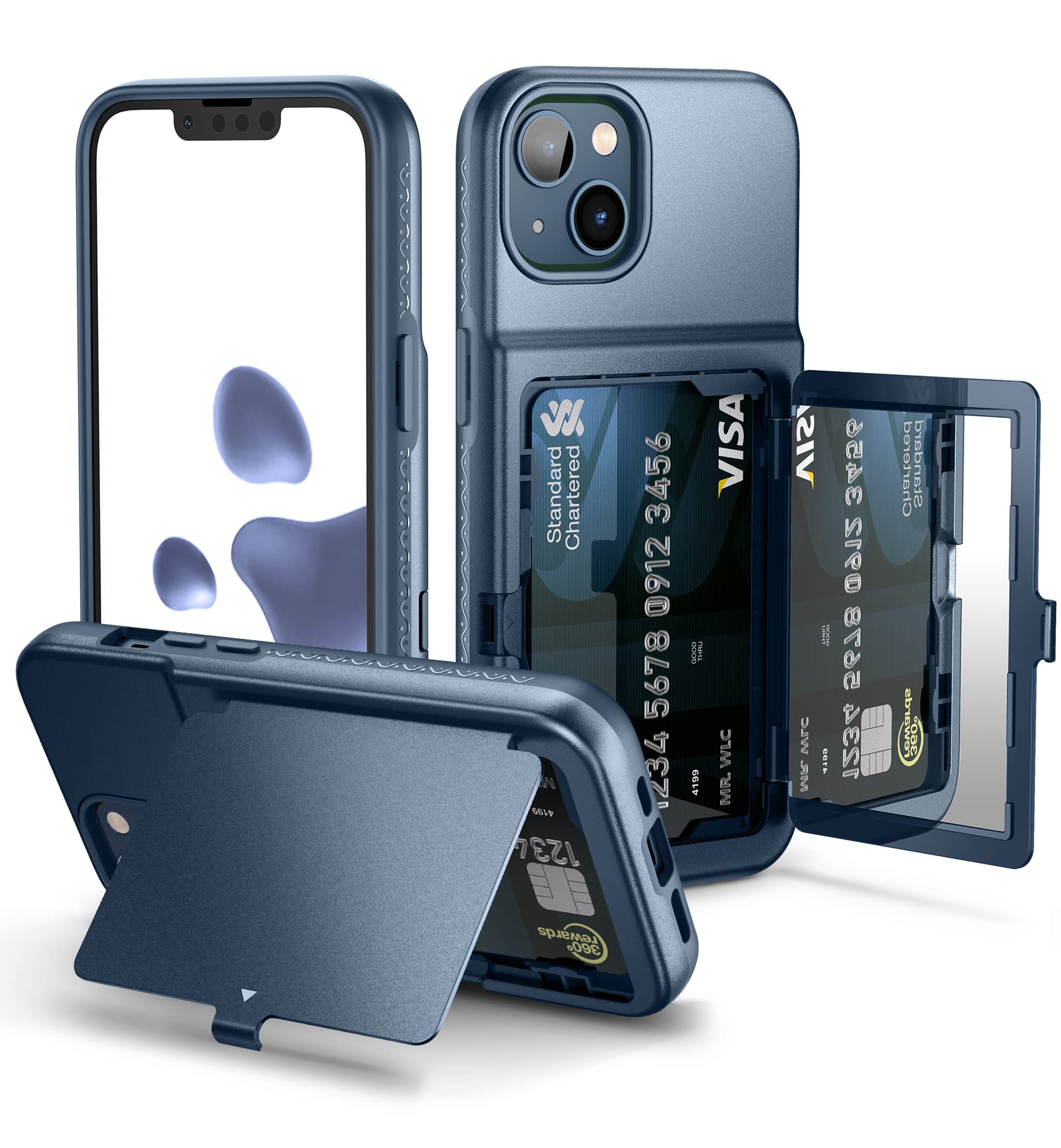 WeLoveCase iPhone 13/14 Wallet Case with Credit Card Holder & Hidden Mirror, Two Layer Shockproof Protection - Blue