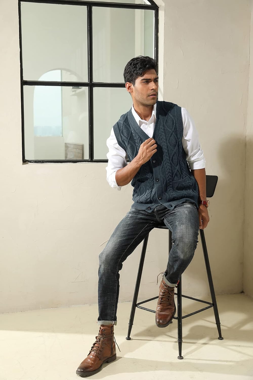 PJ PAUL JONES Men's Sweater Vest V-Neck Sleeveless Cable Knitted Cardigan Vest - Image 2