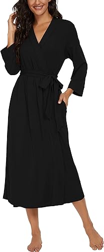 Miniatura 3 de VINTATRE - Bata de baño tipo kimono para mujer, larga, de punto, suave, ligera, con cuello en V, informal, ideal para dormir y descansar