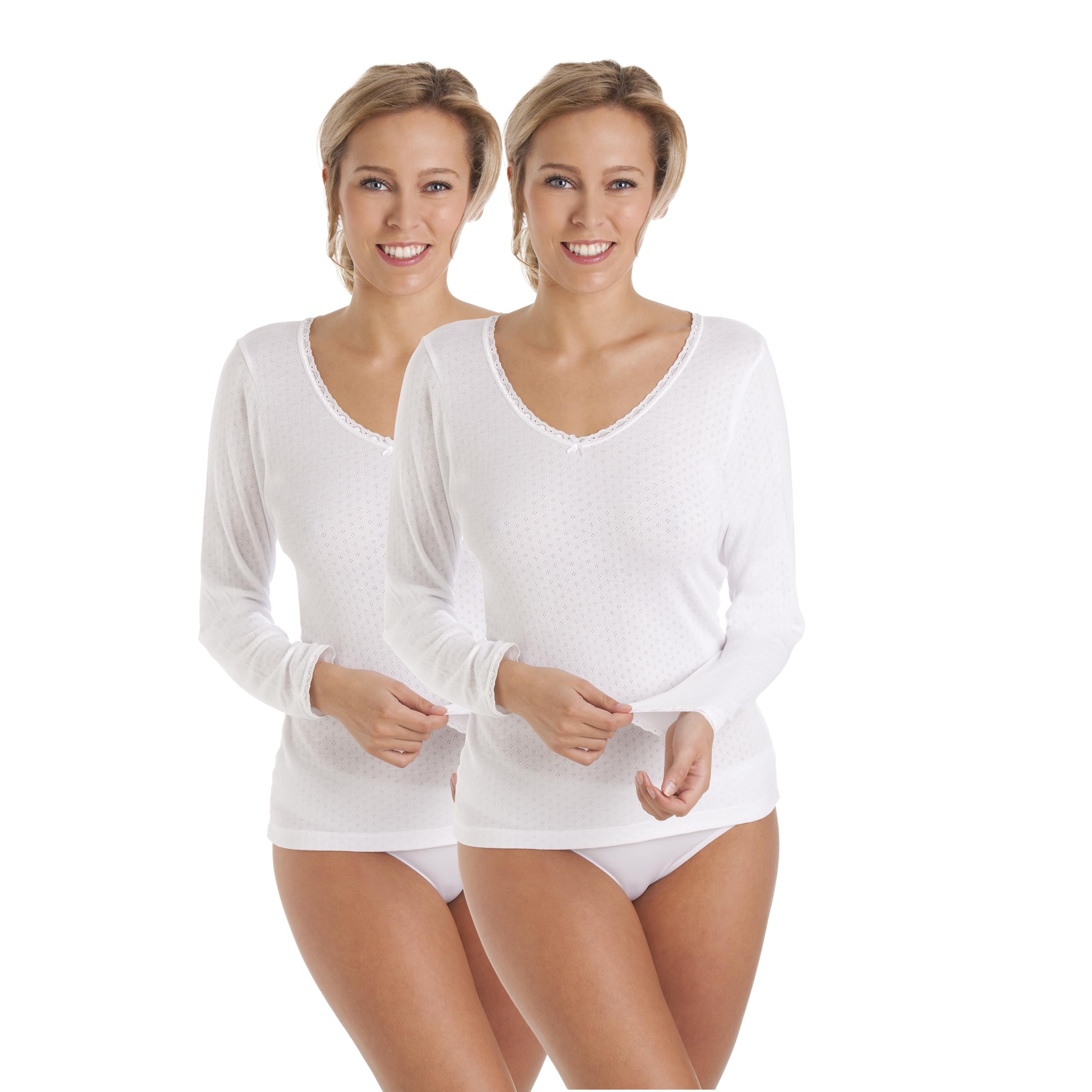 La Marquise Women's White Viloft Long Sleeve Thermal Vest 2 Pack, Lace Neck, Size 10–12 (Eu 38–40)