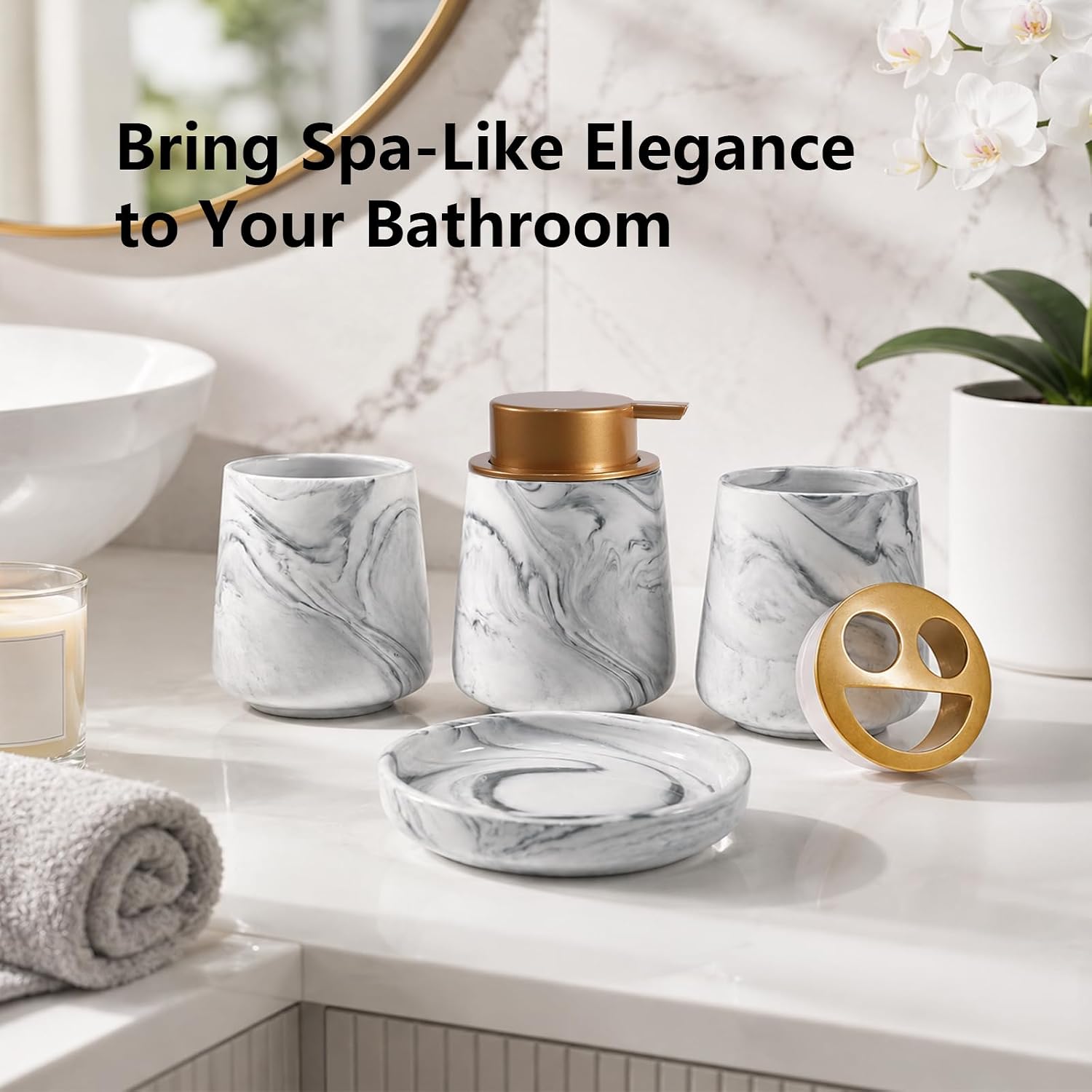 Ceramic Bathroom Accessory Set, 4 Piece Marble Bathroom Countertop Organizer Includes Soap Dispenser, Toothbrush Holder, Tumbler & Soap Dish, Elegant Modern Bath Decor