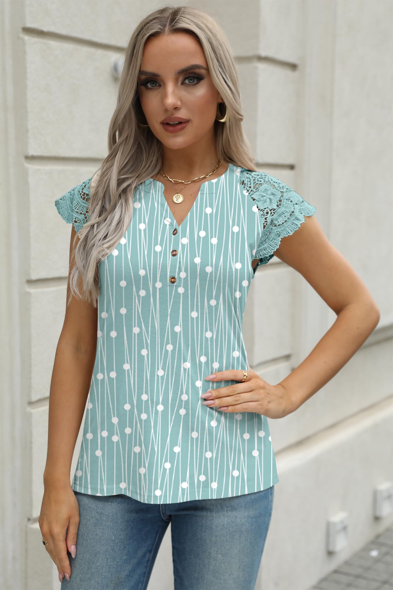 GUNEST Blusa sin mangas para mujer, con encaje, manga casquillo, con botones, cuello en V, para verano, casual, ajuste holgado, a la moda, linda, sin mangas