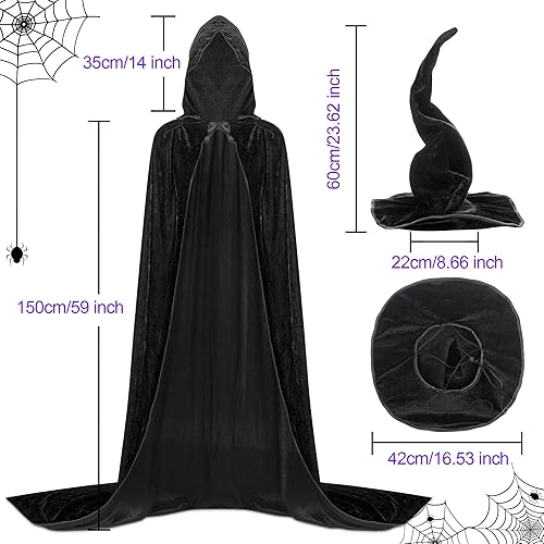 Miniatura 4 de Enhon Conjunto de disfraz para Halloween, capa con capucha y sombrero de bruja, capa de terciopelo negro y sombrero de mago malvado para mujer,