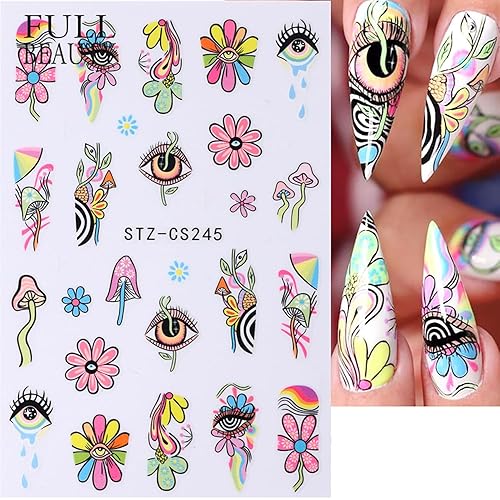 Miniatura 3 de 8 hojas de calcomanías de arte de uñas con grafiti, flores, ojo maligno, 3D autoadhesivas, calcomanías de uñas con diseños de arco iris, hongos,