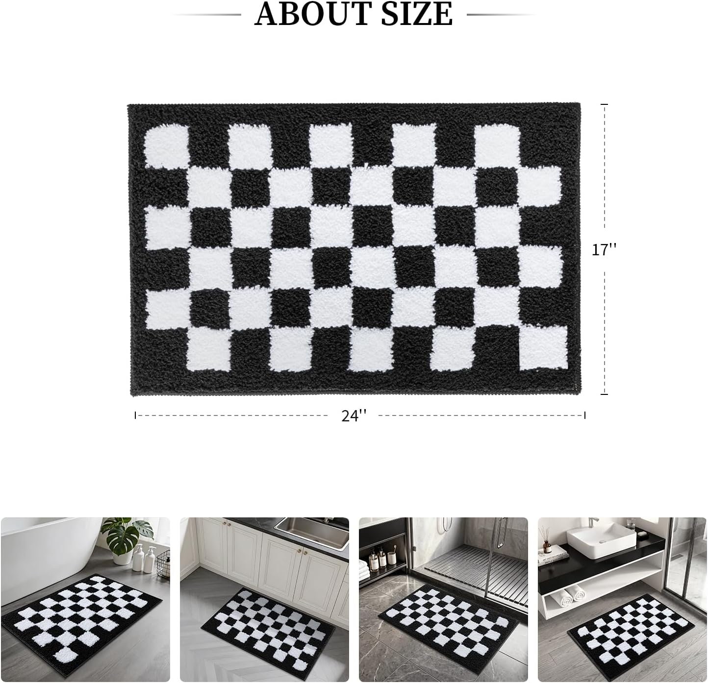 Black and White Checkered Bath Rugs 17" * 24",Soft Fur Plush Bathroom Mat, Non Slip Machine Washable Absorbent Checkered Bath Mat as Decor for Shower Tub Sink