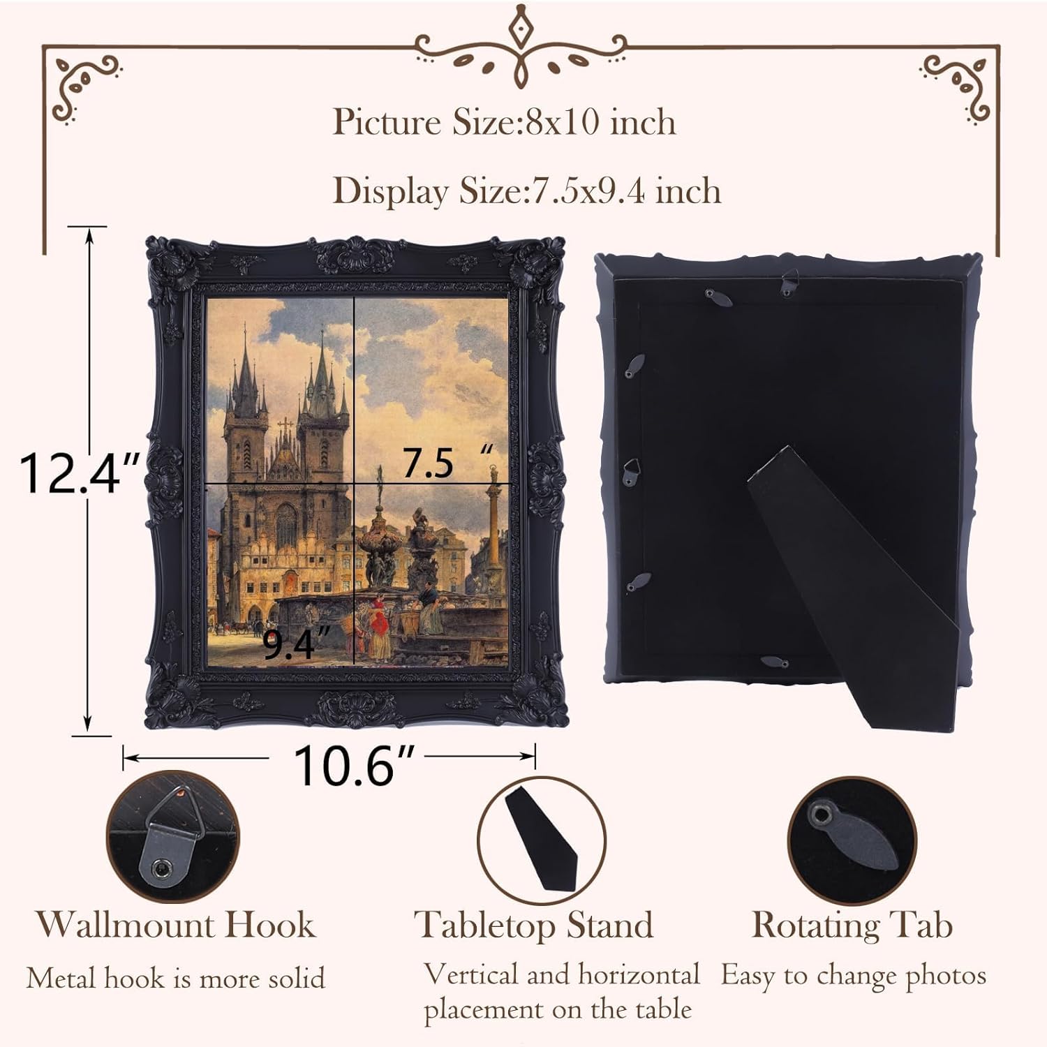 SIKOO 8x10 Vintage Picture Frame Antique Ornate Black Photo Frame with Glass for Table Top and Wall Display Vintage Home Decor Photo Gallery Art