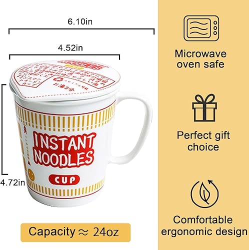 Miniatura 2 de Pilipalaboom Juego de tazones de ramen de cerámica, taza de fideos Ramen instantáneos, taza con asa y tapa para sopa profunda, ideal para fideos