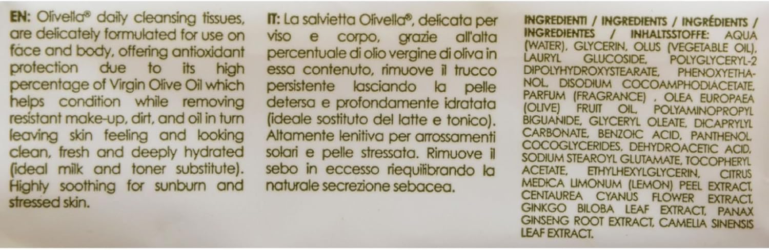 Olivella Daily Facial Cleansing Tissues - Make-Up Remover - Natual Ingredients - Paraben Free - 30 Tissues (Pack of 4)