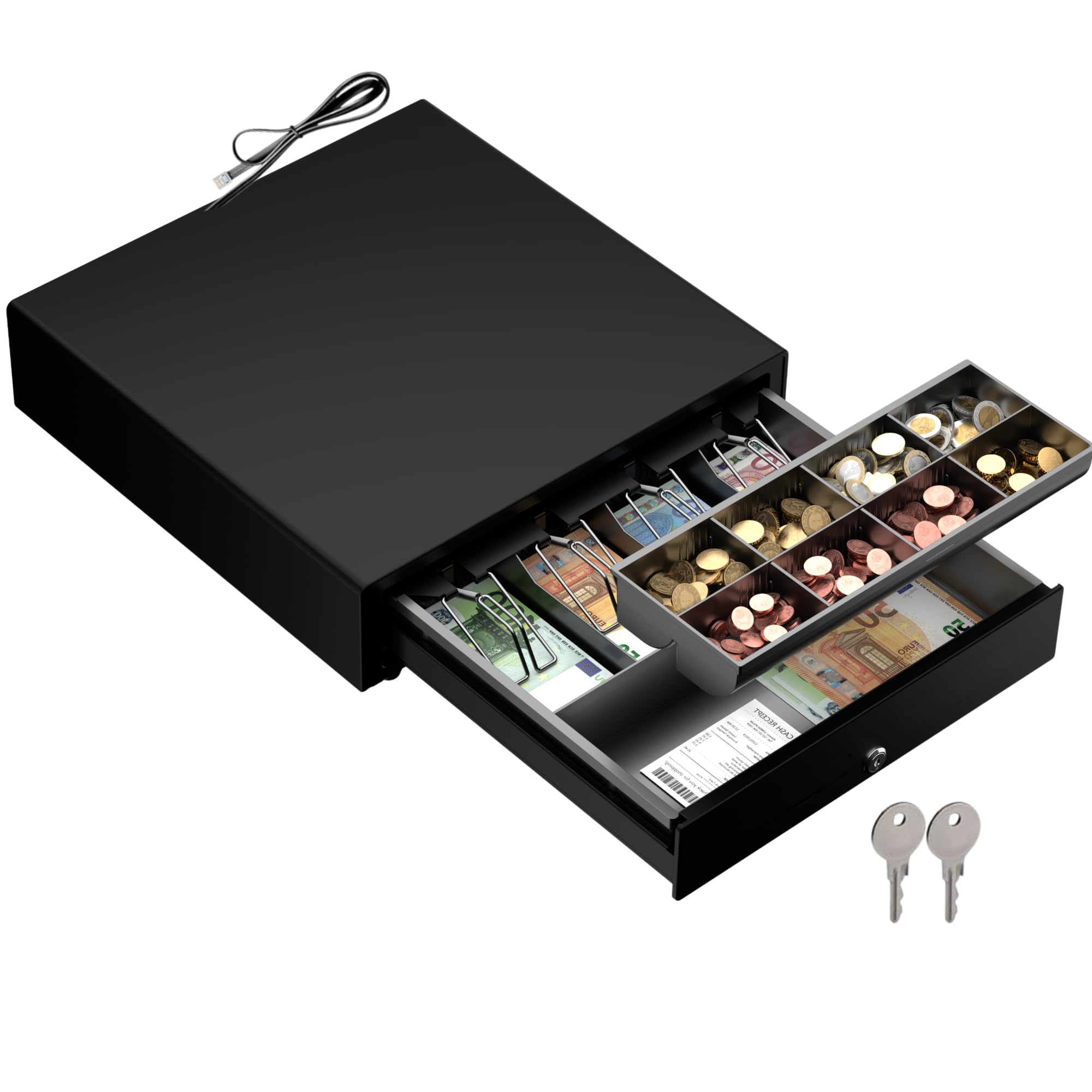 Cash Drawer Automatic Opening RJ/Key Cash Box with 4 Banknotes 8 Coins (Euro) 35 x 40 cm Black