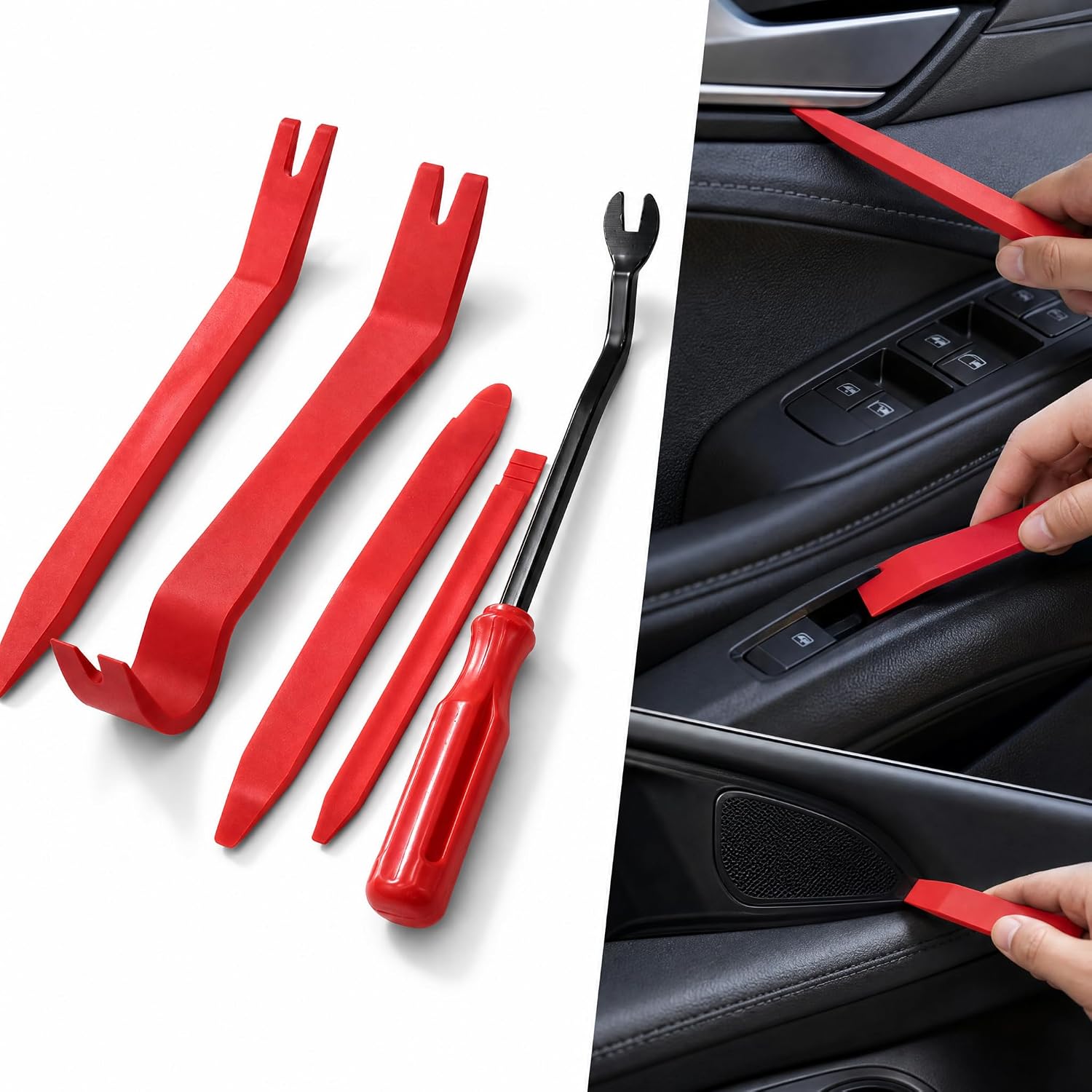 5 PCS Auto Trim Removal Tool Kit, Nylon Pry Tool for Car Interior Panel Door Clip Dashboard Dismantle, Scratch-Free Trim Puller Set Universal for Most Cars, Trucks, SUVs (Red)