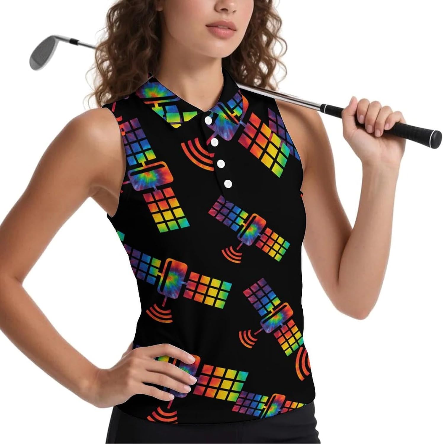 Tie Dye Space Satellite Women's Golf Shirt Sleeveless Polo Shirts Tank Tops Blouses Tennis T-Shirts Casual