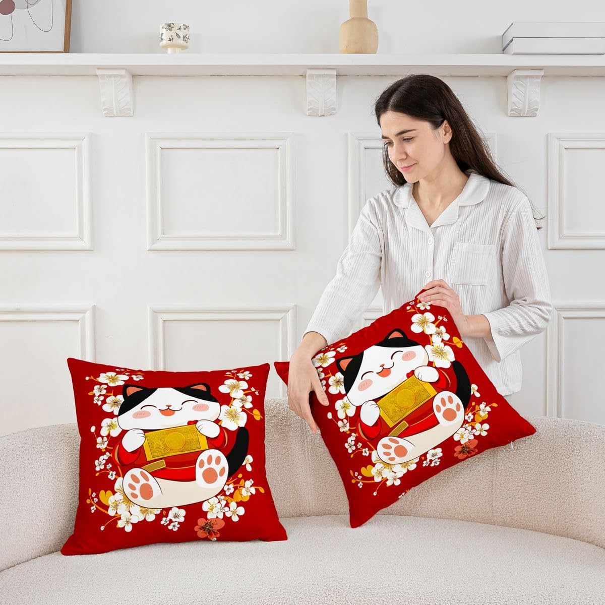 Castle Fairy Japanese Cat Throw Pillow Covers (Pack of 4),Cherry Blossom Cushion Cover for Kids Girls Boys Funny Gold Cat Pillow Cases Anime Animal Living Room Sofa Bed Decor,16" Lx16 W image 2