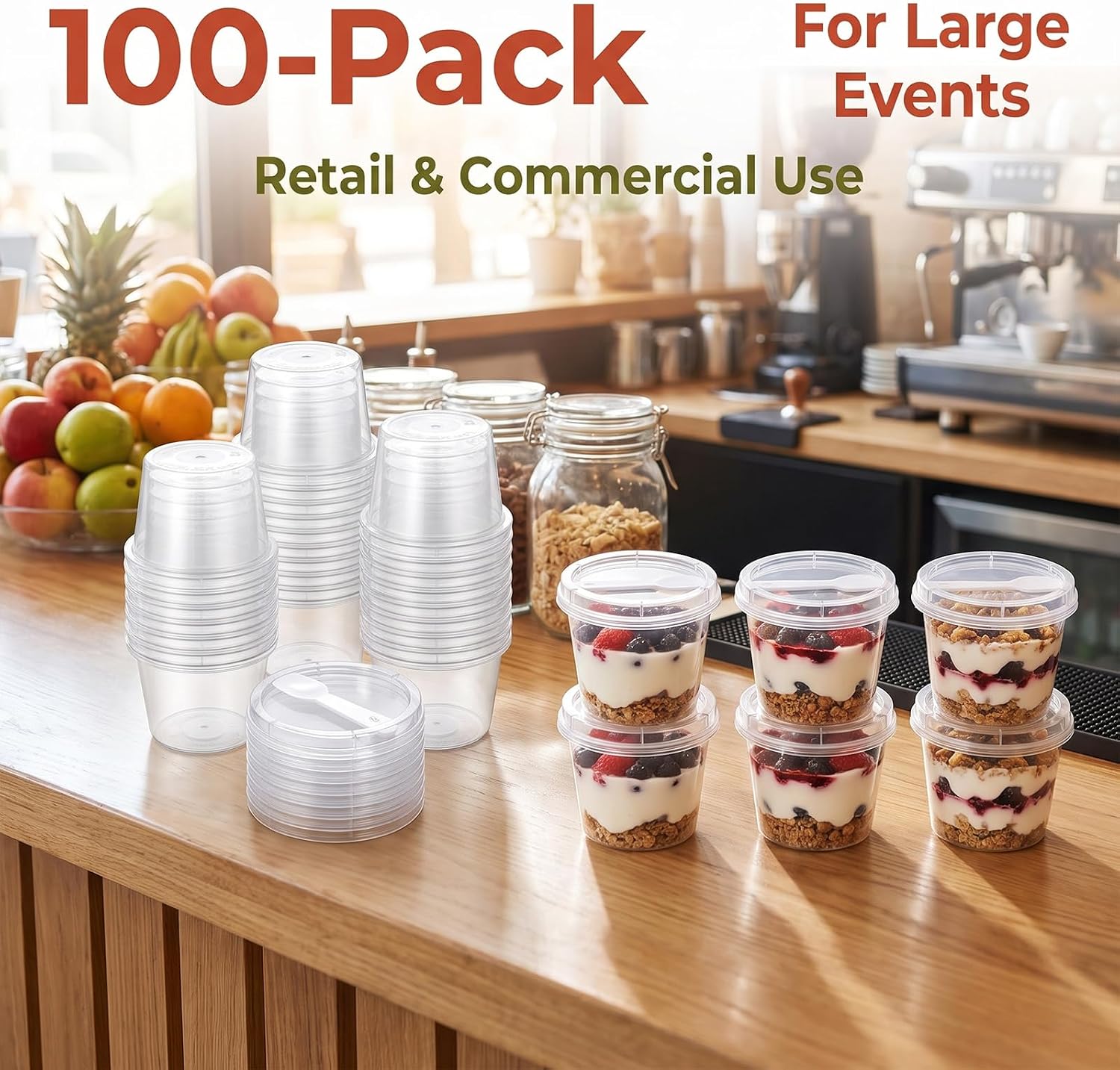 100 Pack 8 oz Clear Plastic Dessert Cups with Lids and Spoons, Round Style