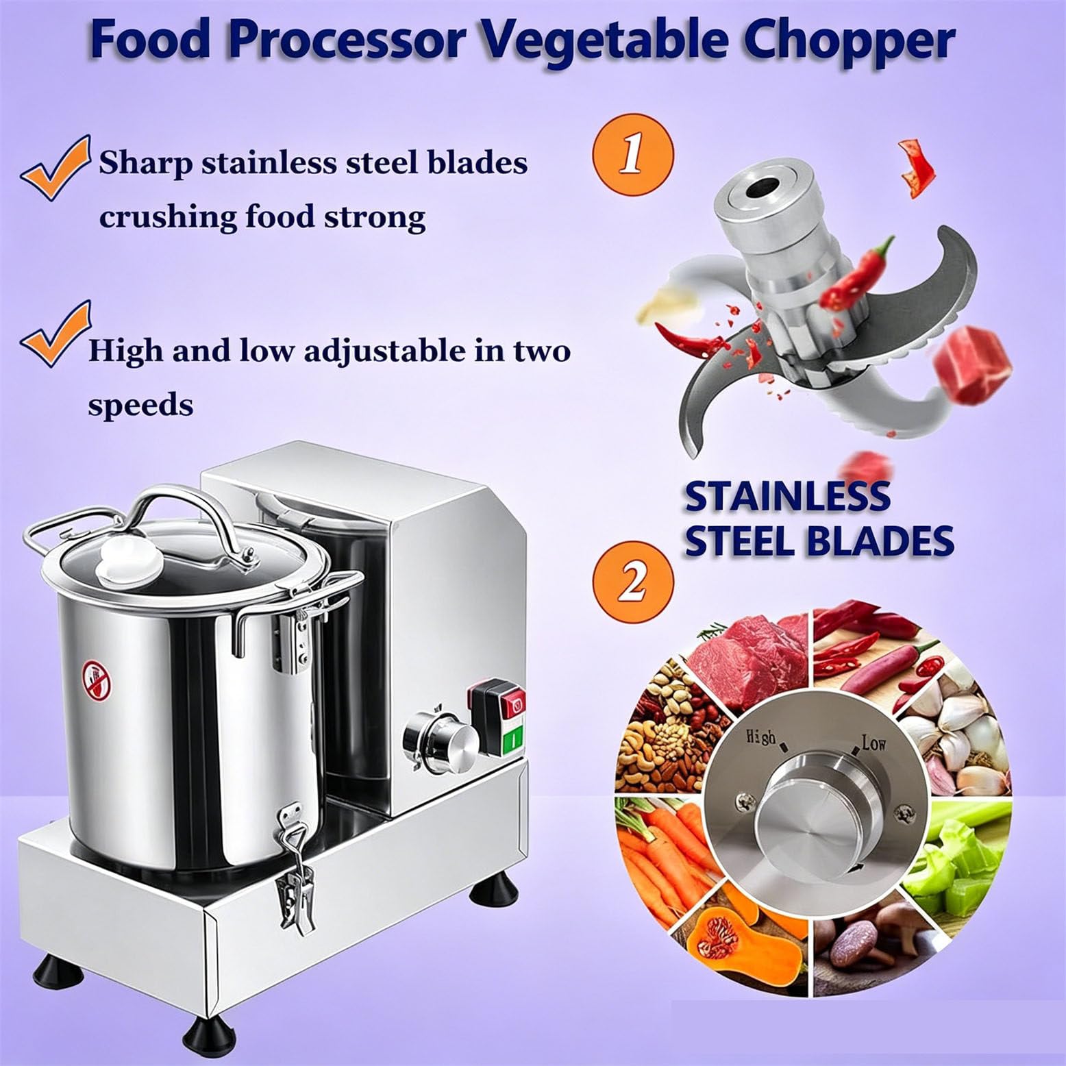 Procesador de Alimentos eléctrico con Capacidad de 6L/9L/15L, Picador de Verduras y Molinillo de Carne Comercial con Velocidad Variable de 3700 RPM, máquina para preparación (9l)