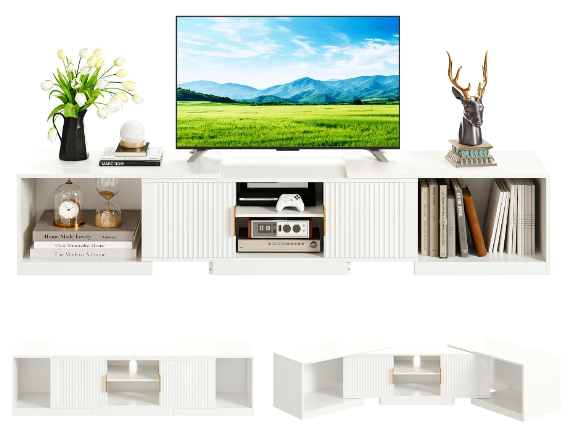 IRONCK Mueble de TV Extensible de 160 a 200 cm, para televisores de 30 a 75 Pulgadas, con Esquina giratoria, de Madera, 2 Puertas y Espacio de Almacenamiento Ajustable, Moderno, para salón, Color