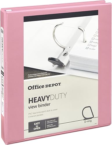Office Depot Carpeta resistente con 3 anillas, anillas en D de 1 pulgada, color rosa