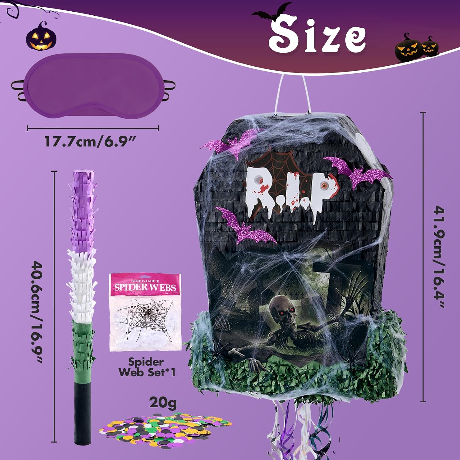 WERNNSAI Halloween Tombstone Piñata - Tombstone Bat Piñata Halloween Party Decor Favors for Kids Birthday Games Rip to Adults Birthday Decorations with Bat Blindfold