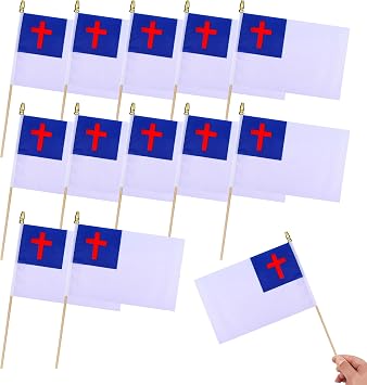 12Pcs Small Christian Jesus Cross Flags on Wooden Stick Mini Religious Flag Hand Held Flag Decorations,5x8 Inch