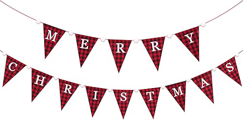 Miniatura 2 de G2PLUS Cartel de arpillera de Feliz Navidad, pancarta a cuadros de búfalo rojo y negro de 19.6 pies, guirnalda de banderines triangulares
