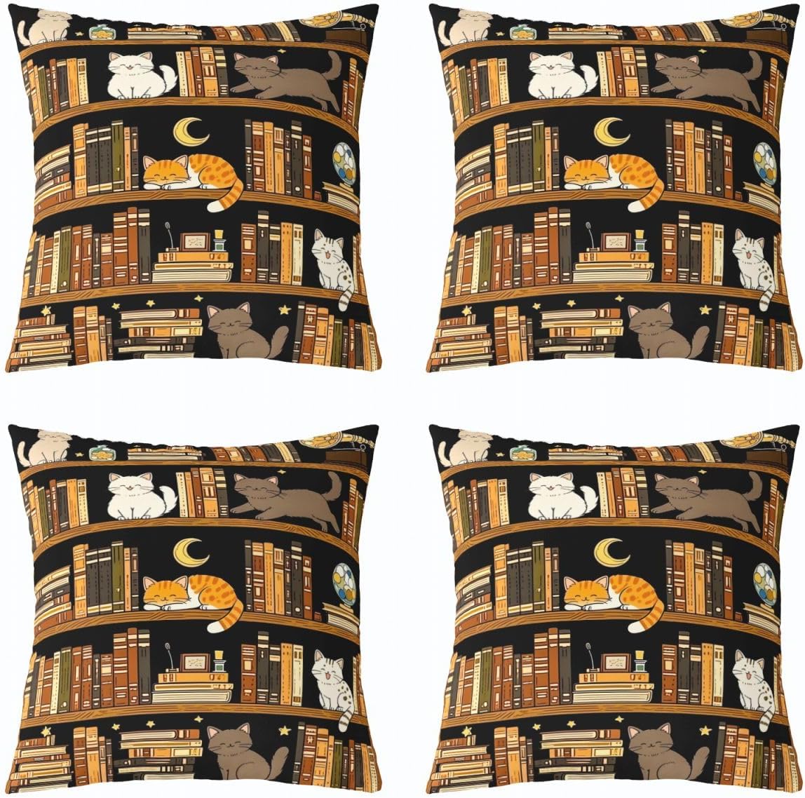 Castle Fairy Vintage Library Throw Pillow Cover,Cute Cartoon Cat Dual-Sided Print Kid Boy Teen Adult,Geometric Bookcase Room Decor,Magical Bookshelf Cushion Cover,22" x 22" Pack of 1，No Pillow Insert image 4