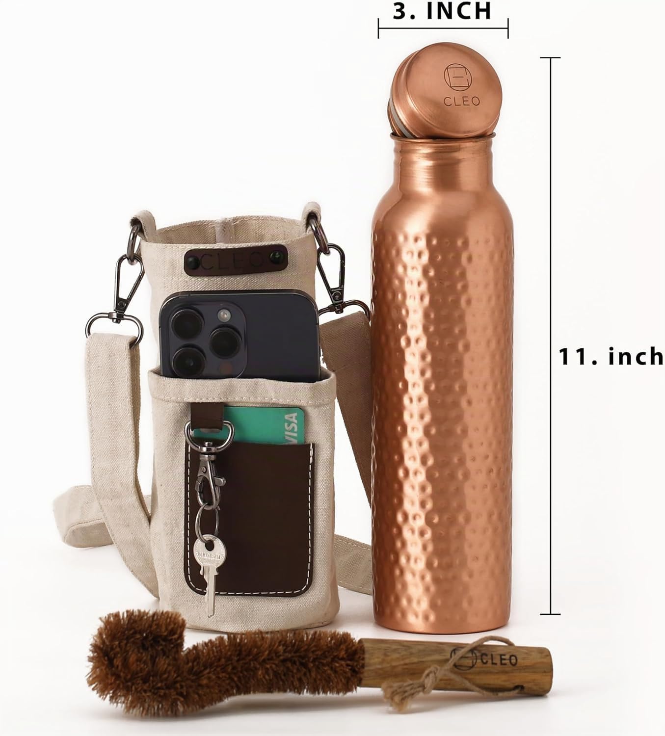 Handgehämmerte Wasserflasche aus reinem Kupfer 950 ml – Ayurvedische, auslaufsichere Sport-Trinkflasche BPA-freie, große Wasserflasche für Yoga, Reisen und Büro Canvas-Tasche, Bürstenset