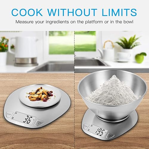 Vista 3 de BAGAIL BASICS Báscula digital de cocina, pantalla transparente grande, báscula de alimentos húmedos y secos con tazón de mezcla de acero inoxidable
