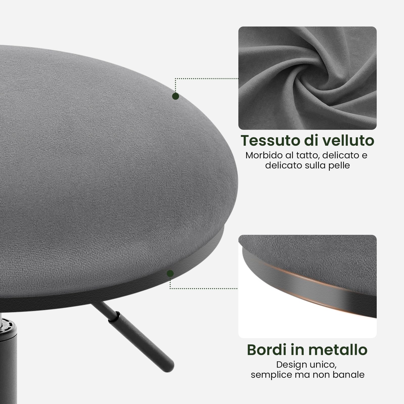 EUGAD Sgabello Rotondo con ruote, Sedia da trucco, Velluto, Grigio scuro | Regolabile in Altezza, Sgabello Girevole a 360°con Rotelle, per Camera da Letto Studio Soggiorno Cucina