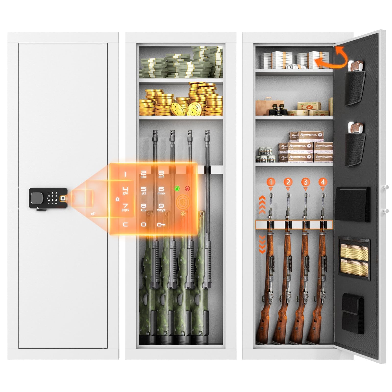 Superday 4-6 in Wall Guns Safes with Electronic Fingerprint Lock, Quick Access Locking Gun Cabinets for Rifles and Shotguns, White Unassembled Gun Safe for Rifles and Pistols with 3 Removable Shelves