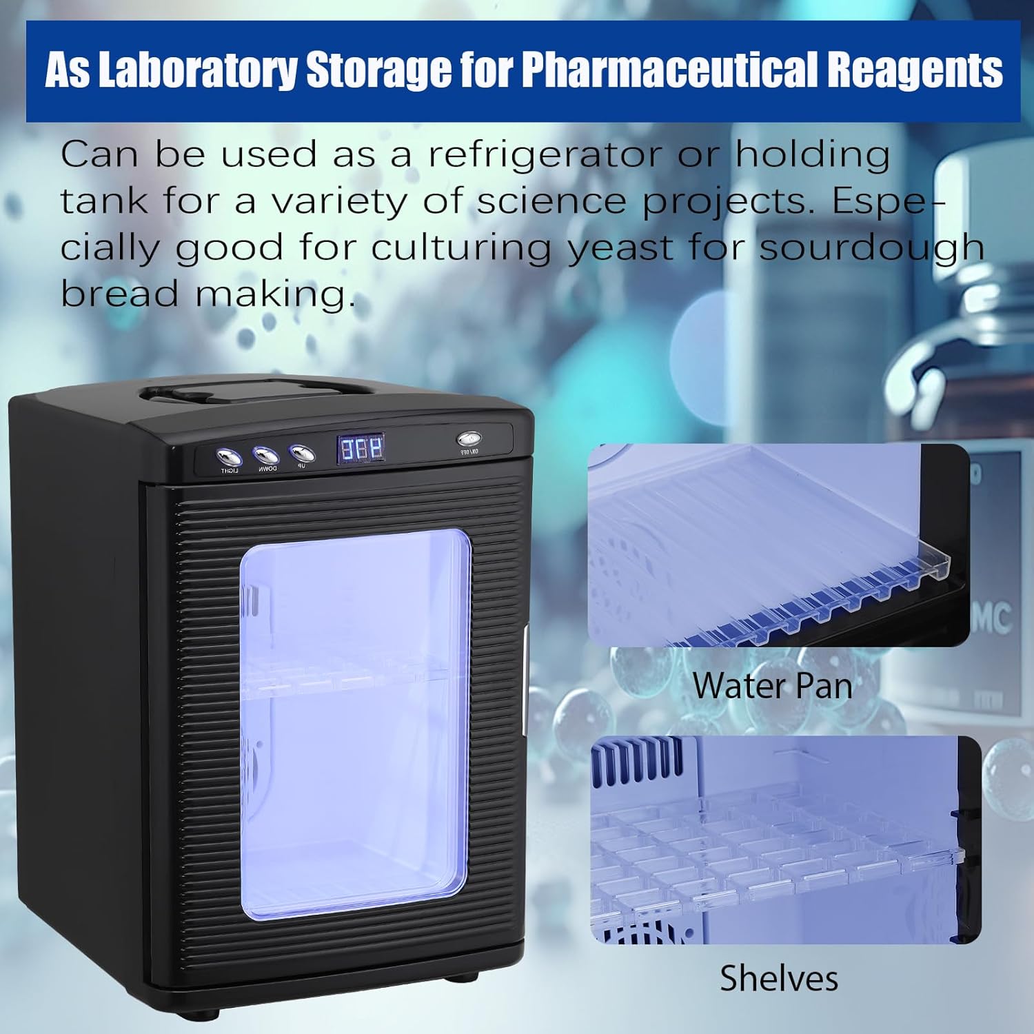Internal view of the incubator showing adjustable shelves and water pan