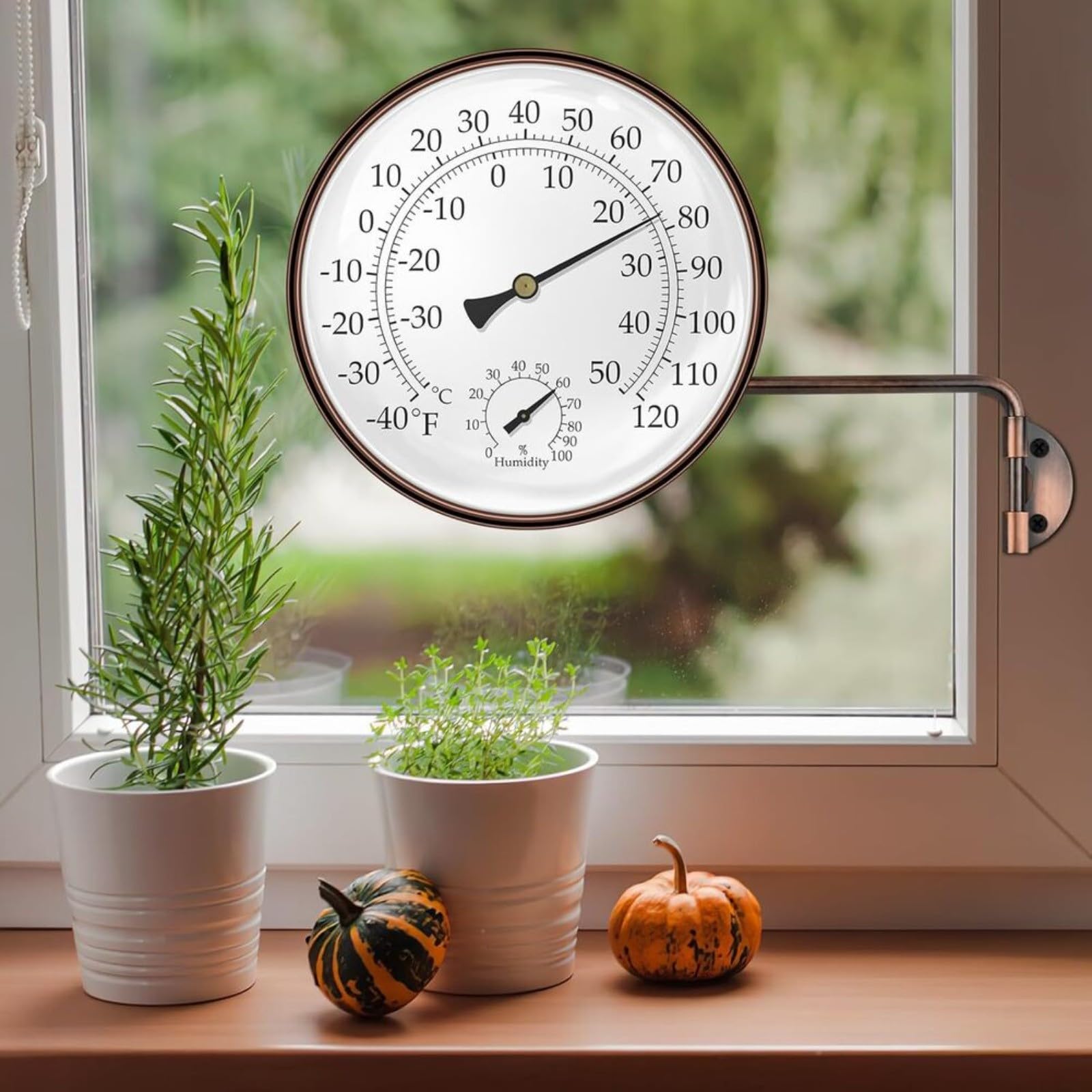 Termometro e igrometro analogico da esterno da 15,2 cm, con struttura in rame resistente alle intemperie e supporto girevole per giardino, patio, serra, garage, monitoraggio senza batteria