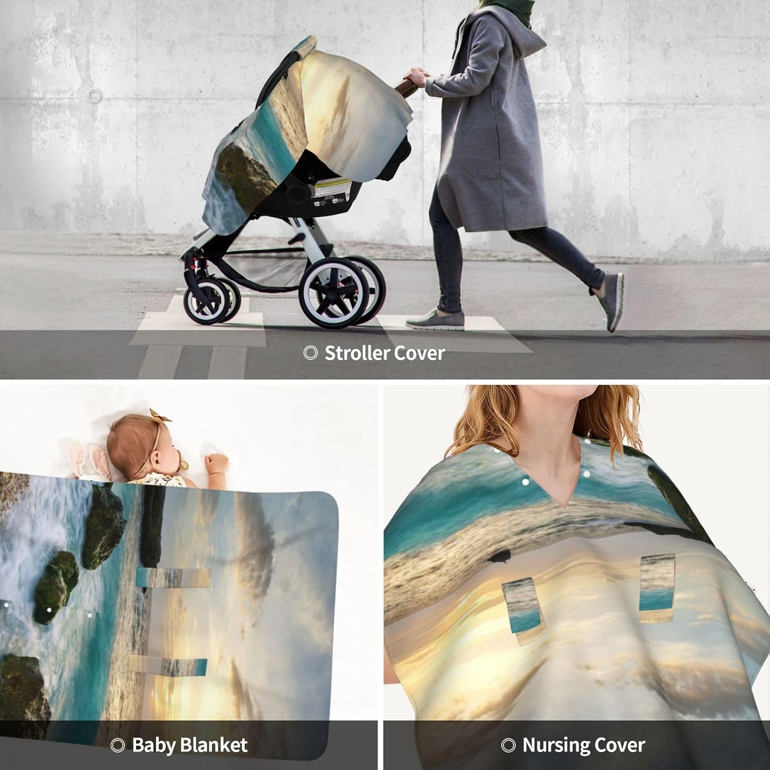 Seascape Composition of Nature Rocks Waves Cloudy Sky Rising Sun Beach Baby Car Seat Cover & Breastfeeding Nursing Cover - Breathable Stretch Fabric Multi-Use