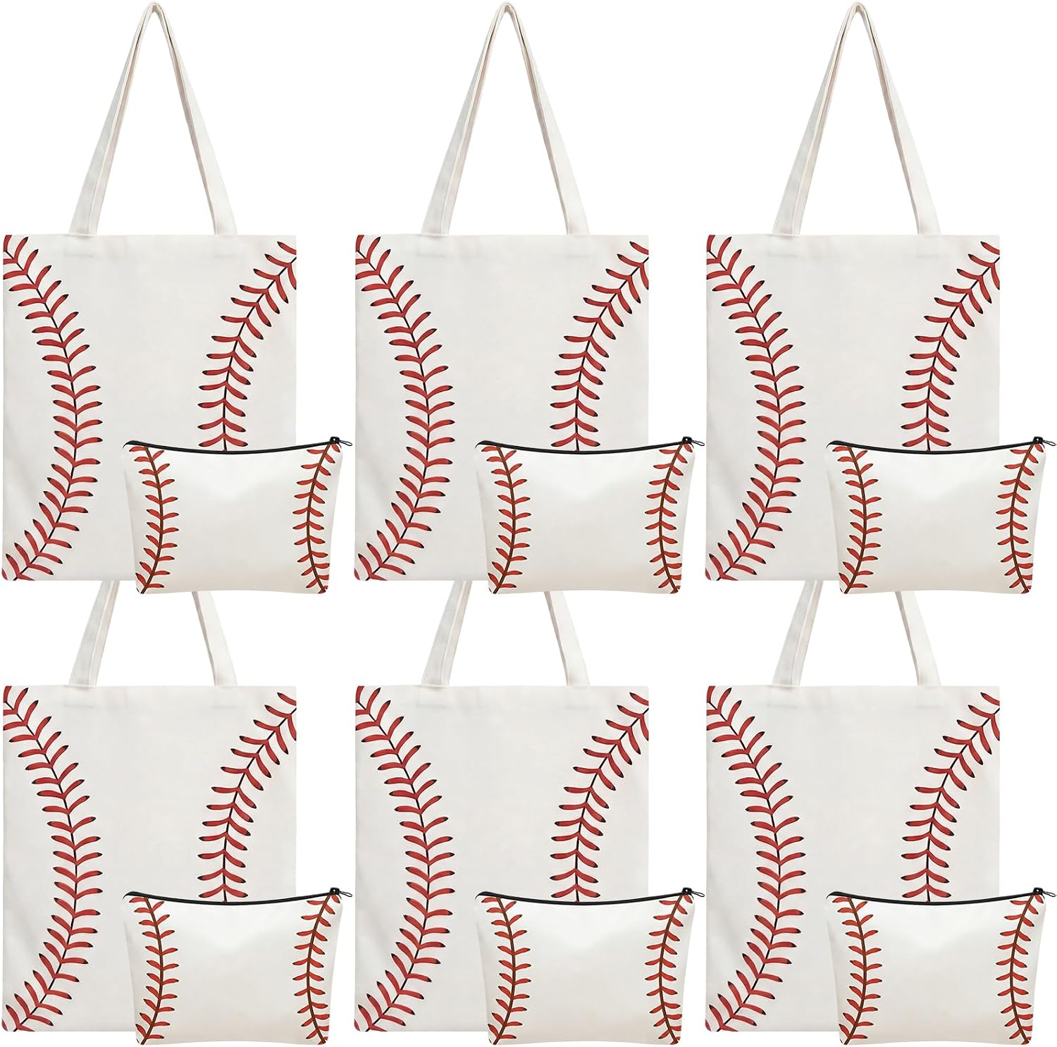 12 Pcs Baseball Canvas Tote and Cosmetic Bags Bulk for Women Baseball Mom Team Novelty Shoulder Bag Zipper Pouch Organizer for Sports Travel Party Favors Player Team Gifts