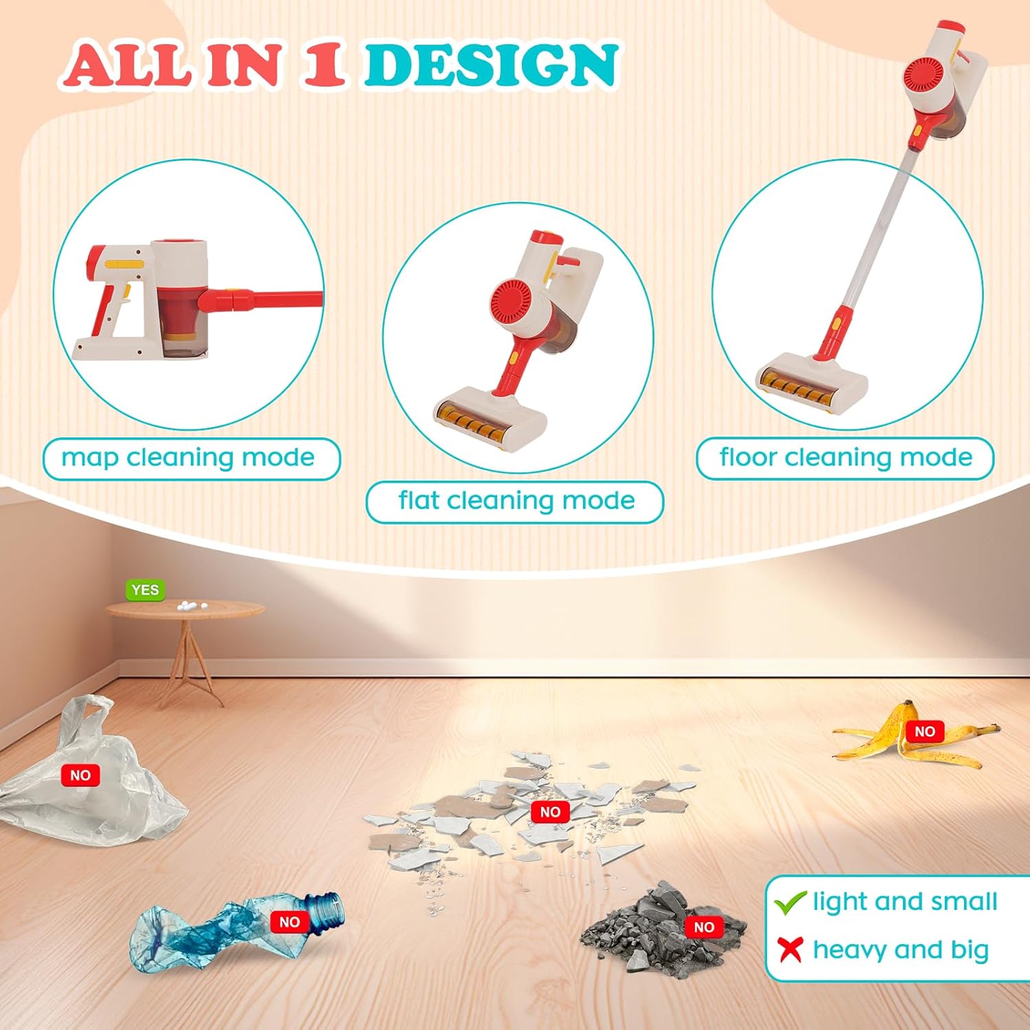 Vacuum Cleaner Toy for Toddler with Real Suction Function, Realistic Role-Play Cordless Vacuum Toy with Music, Kids Interactive Toy Cleaning Tool Set for Boys Girls